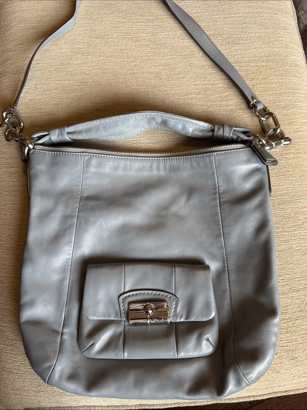 Coach Light Gray Leather Shoulder Bag with Front Pocket